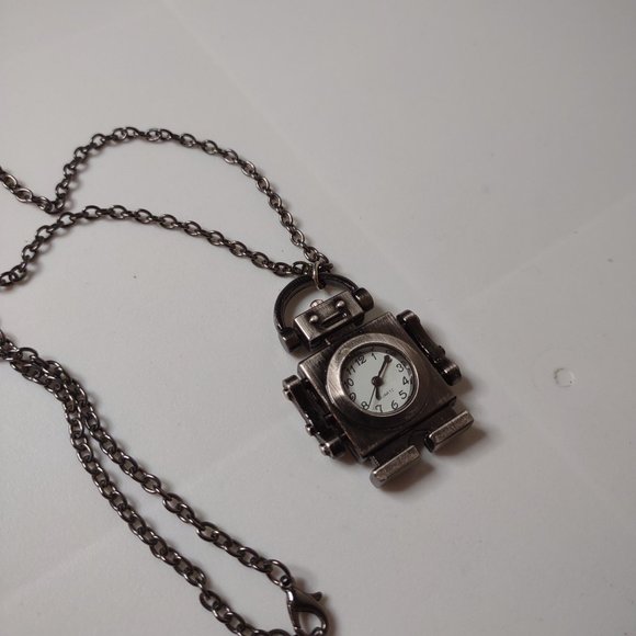 Very Cool Dark Silver Tone Robot Watch Pendant Necklace 21 Inches Long - Picture 10 of 11